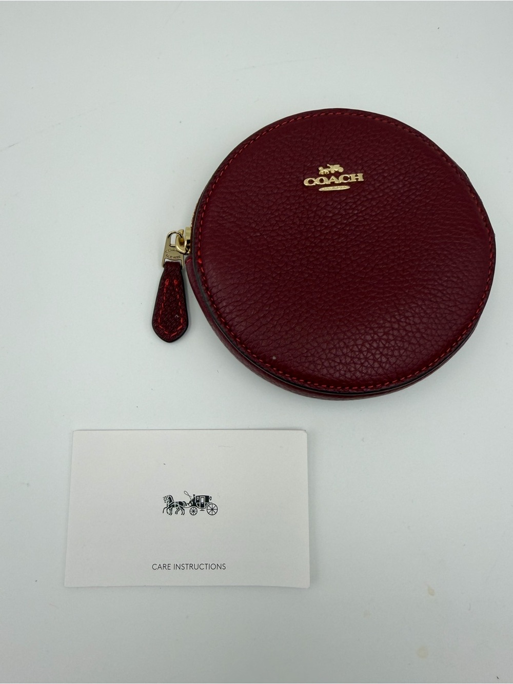 Coach Round Pebbled Leather Coin Pouch Case — Deep Red Gold Hardware - Picture 2 of 4